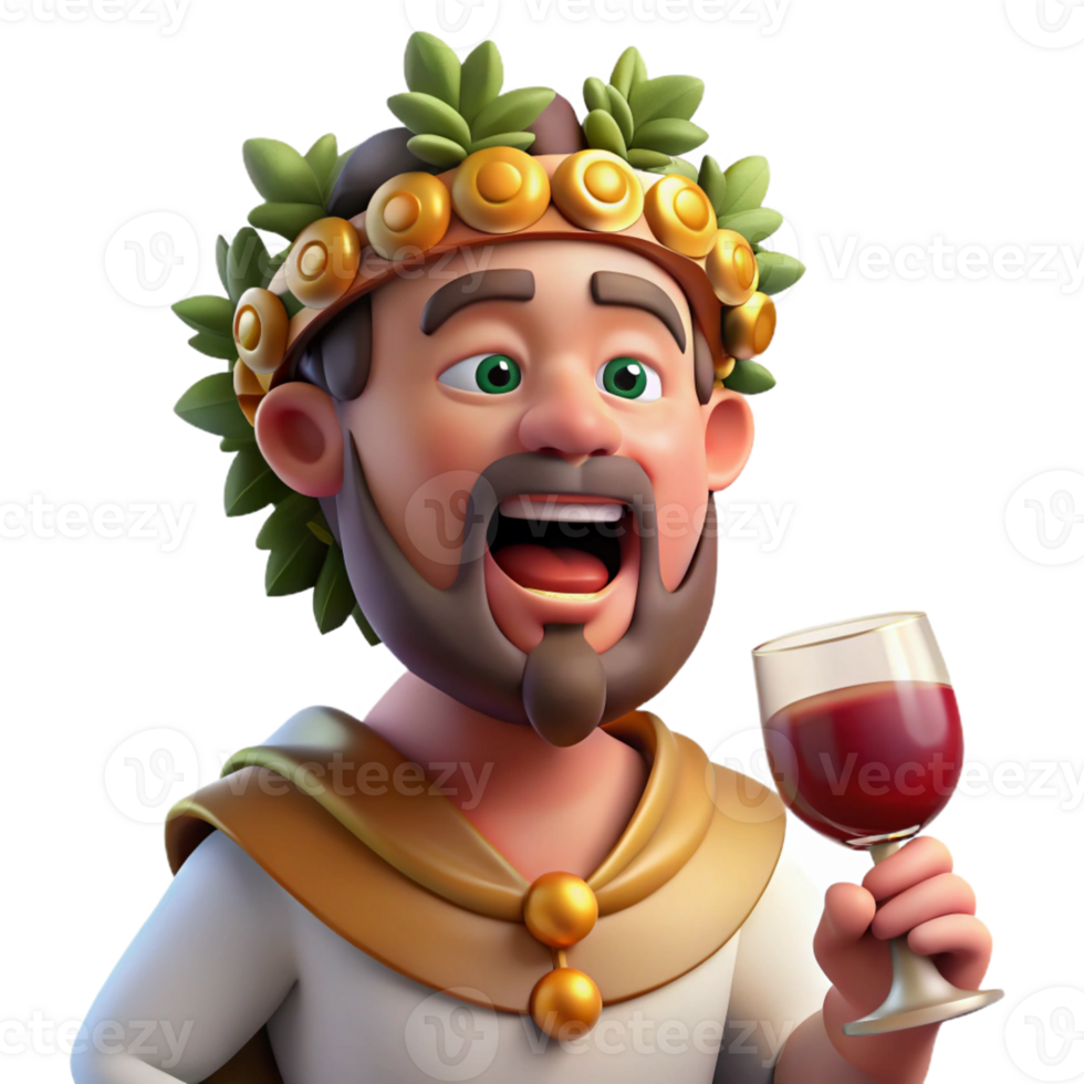 elegant classic A drunken Dionysus with a crown of ivy and a wine-filled goblet, surrounded by revelers. Baroque style. Festive, warm lighting 4K png