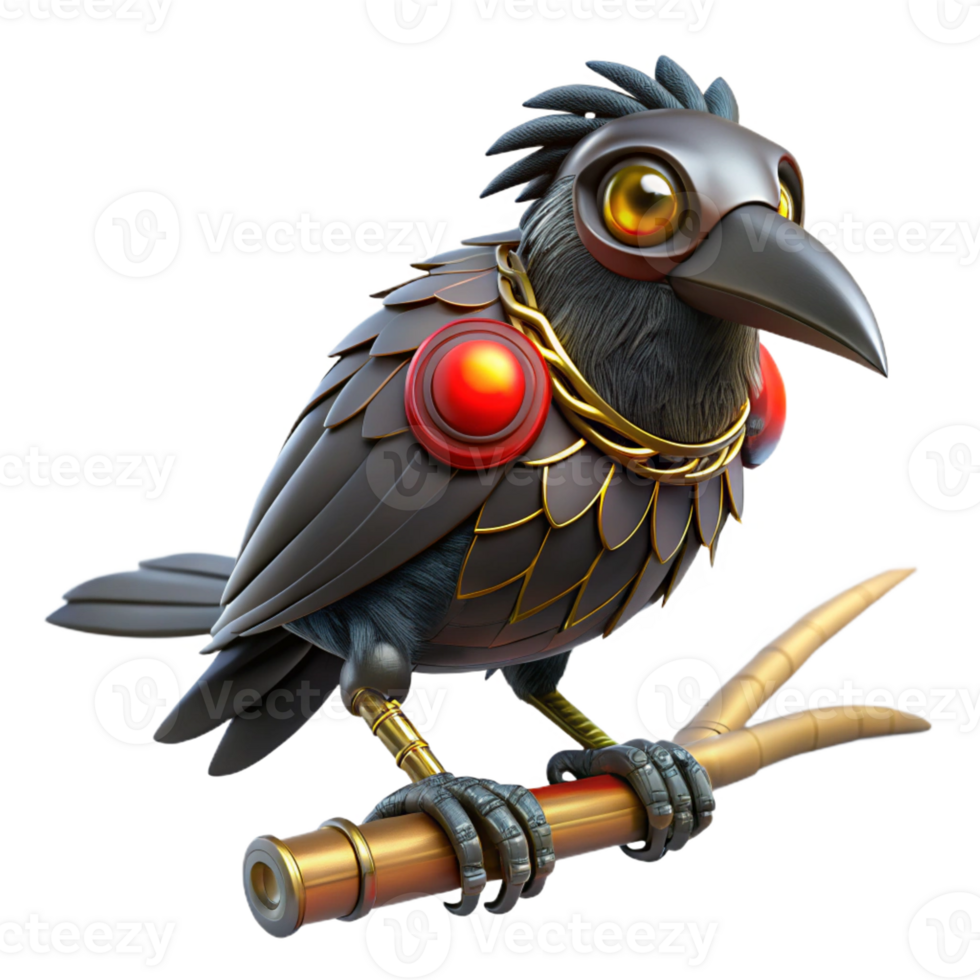 stunning modern Steampunk raven, metallic feathers, glowing red eyes, perched on a clockwork branch, dark and ominous lighting original png