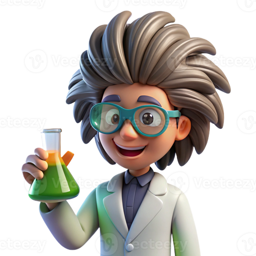 vibrant modern A cartoon scientist with wild hair and goggles, holding a bubbling beaker, dramatic laboratory lighting illuminating the scene, drawn in a quirky and exaggerated cartoon style authentic png
