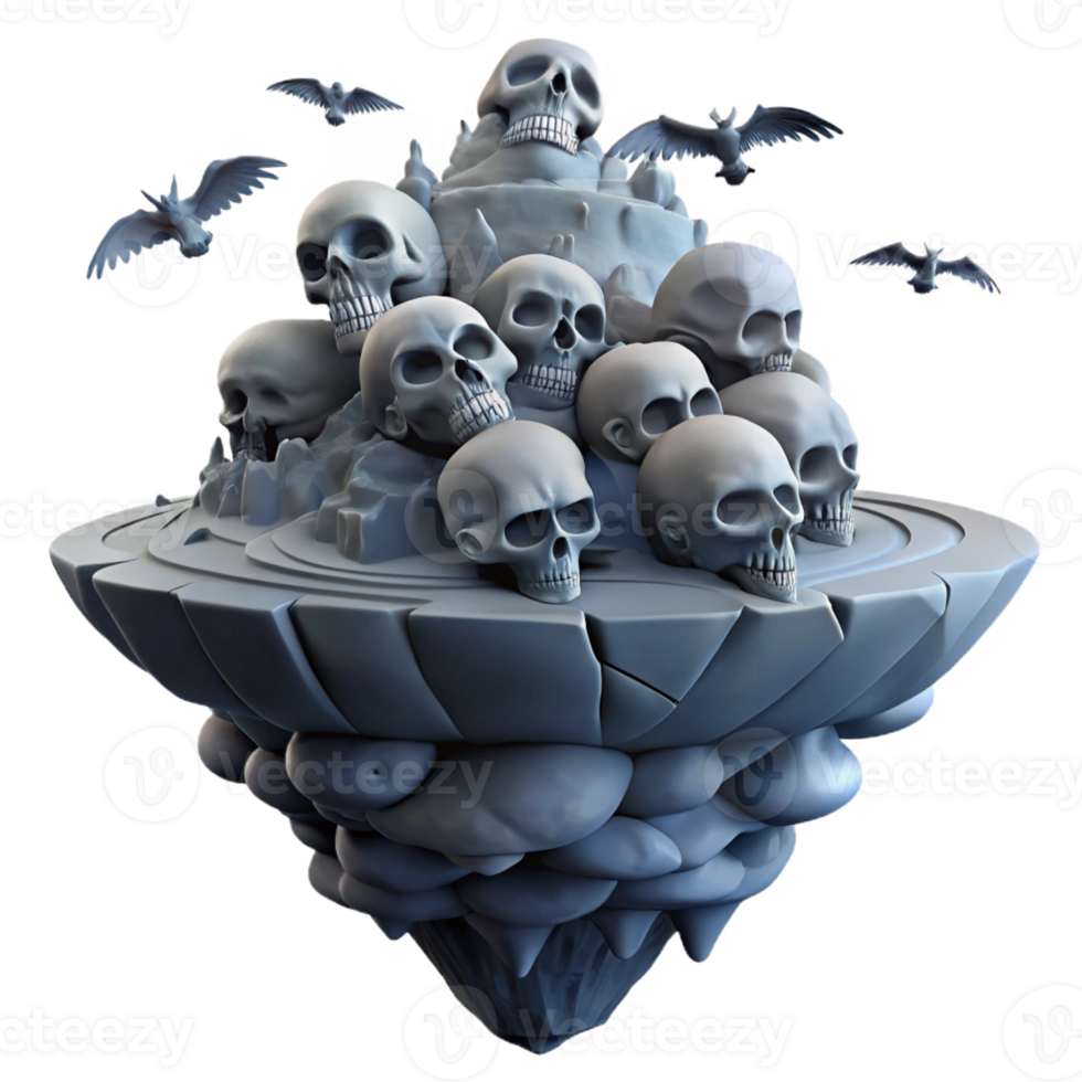 impressive abstract A floating island made of human skulls, surrounded by a swirling vortex of crows, under a dark, stormy sky. Gothic horror style detailed png