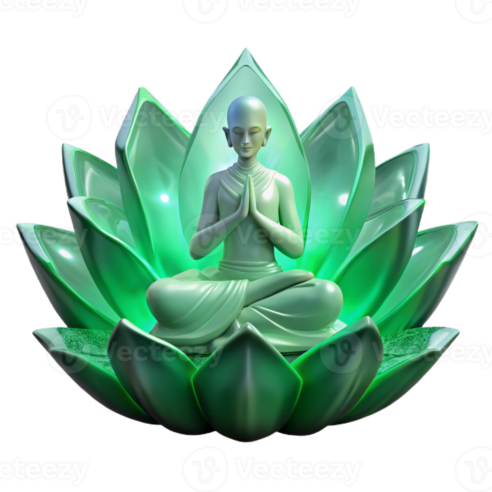 stunning abstract A lone figure, shrouded in emerald mist, meditating atop a giant crystalline lotus flower, illuminated by bioluminescent flora. Intricate, Art Nouveau style high quality png