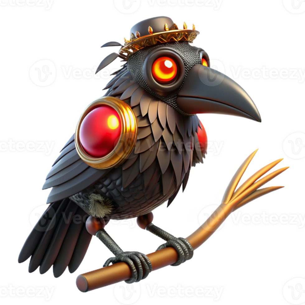 stunning classic Steampunk raven, metallic feathers, glowing red eyes, perched on a clockwork branch, dark and ominous lighting authentic png