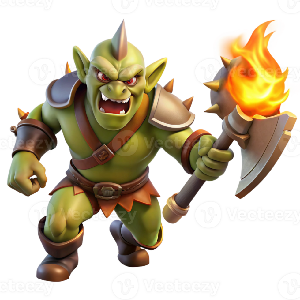 beautiful creative A fierce orc warrior wielding a flaming battleaxe, charging into battle, illuminated by flickering torchlight, in a dynamic style premium png