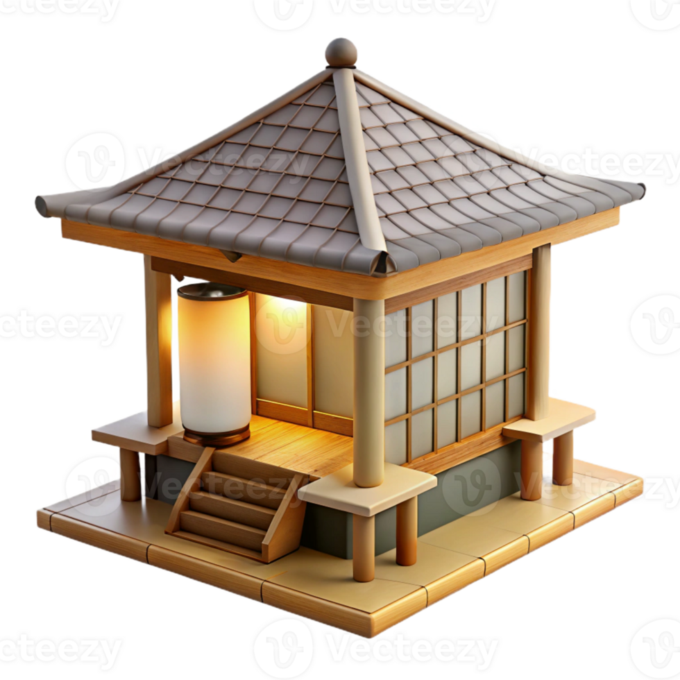vibrant creative A minimalist Japanese teahouse constructed from bamboo and rice paper, soft natural daylight, watercolor painting style professional png