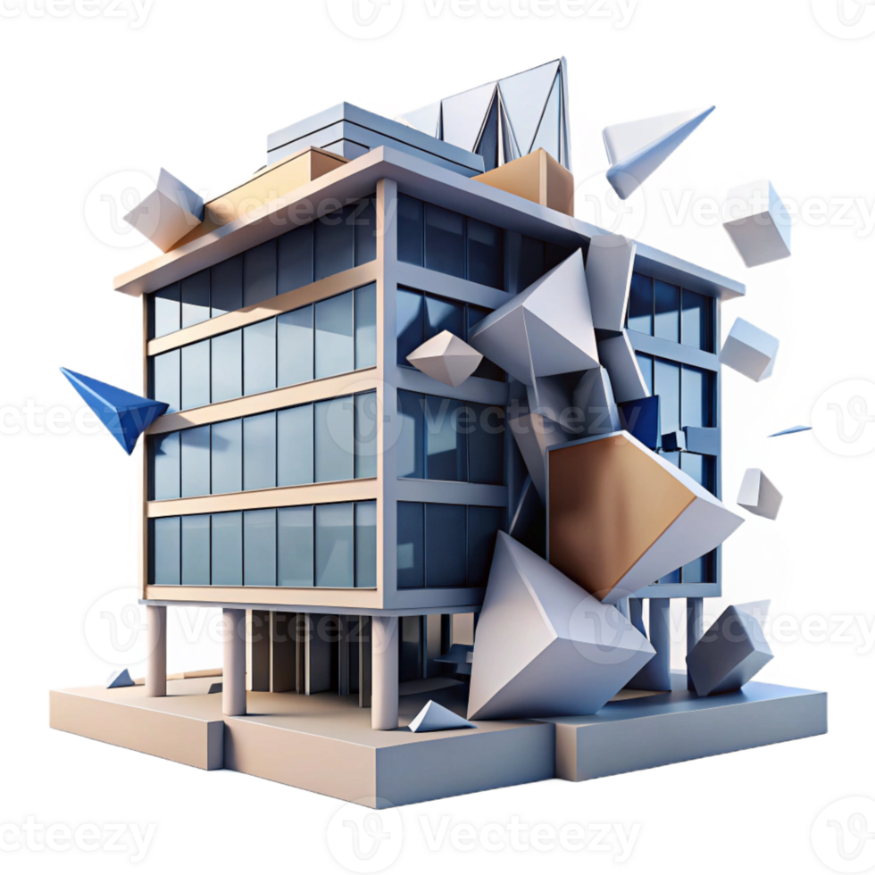 dramatic classic Deconstructivist office building, fragmented shapes, colliding planes, dynamic composition, abstract expressionist style exclusive png