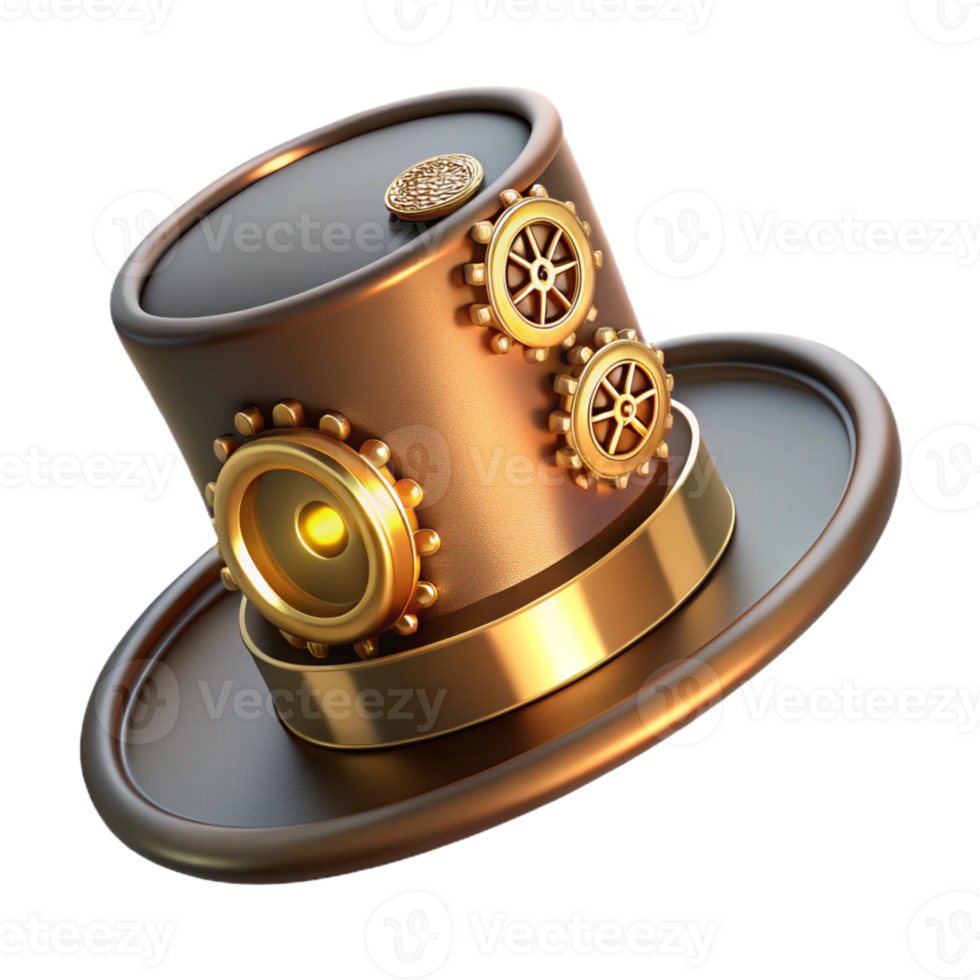 stunning minimalist A steampunk top hat with brass gears, intricate clockwork, and glowing LED lights, floating against a dark background, lit by a single spotlight 4K png