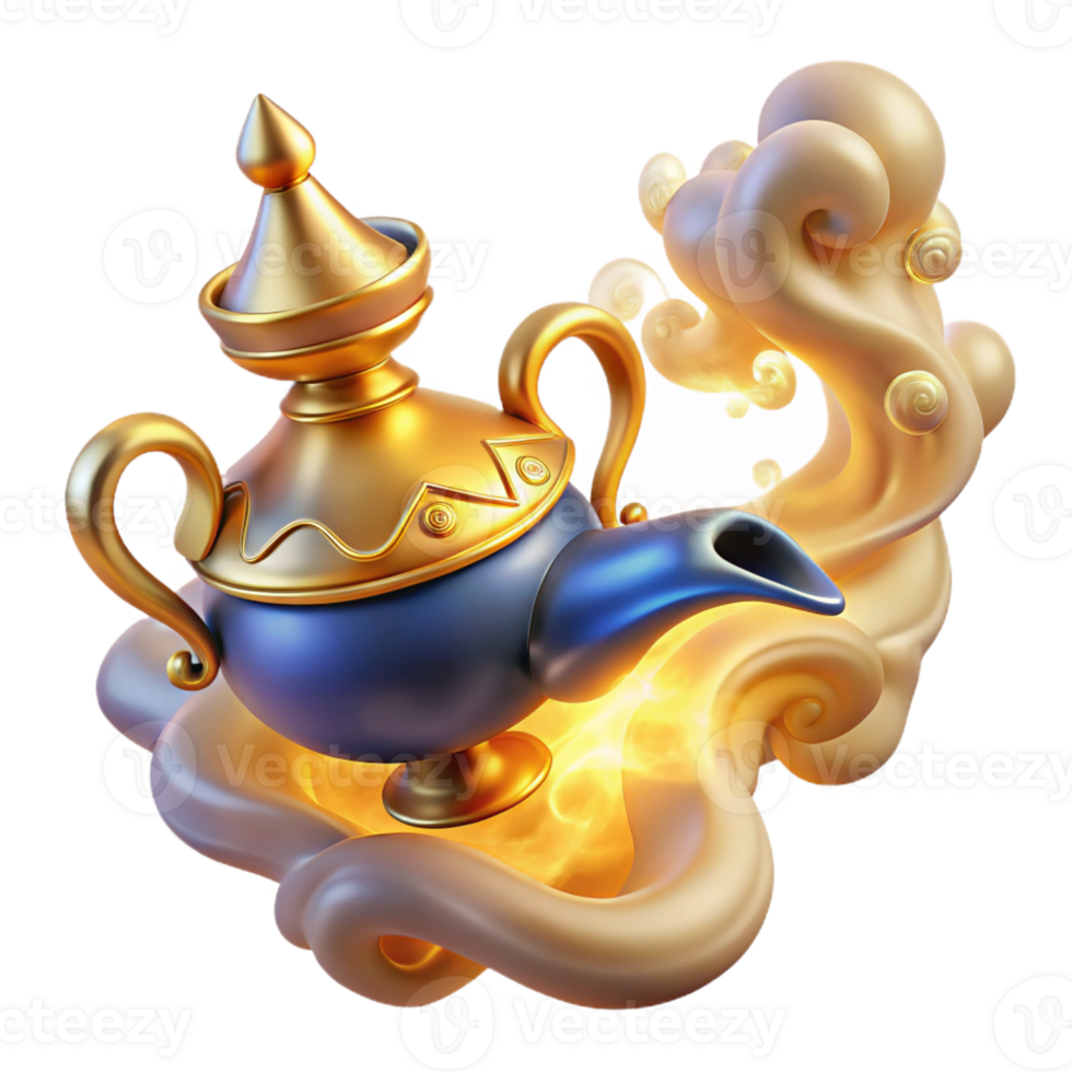 serene artistic A powerful djinn emerging from a magic lamp, surrounded by swirling smoke, lit by a warm, golden light. Orientalist style authentic png