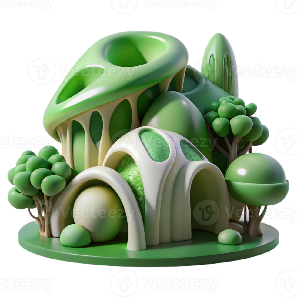 extraordinary contemporary Organic architecture, flowing forms inspired by nature, verdant green materials, soft dappled light, dreamy illustrative style detailed png