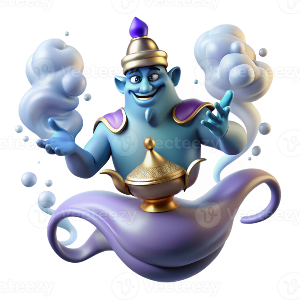 beautiful abstract A powerful djinn emerging from a magic lamp, surrounded by swirling smoke and sparks. Orientalist style authentic png