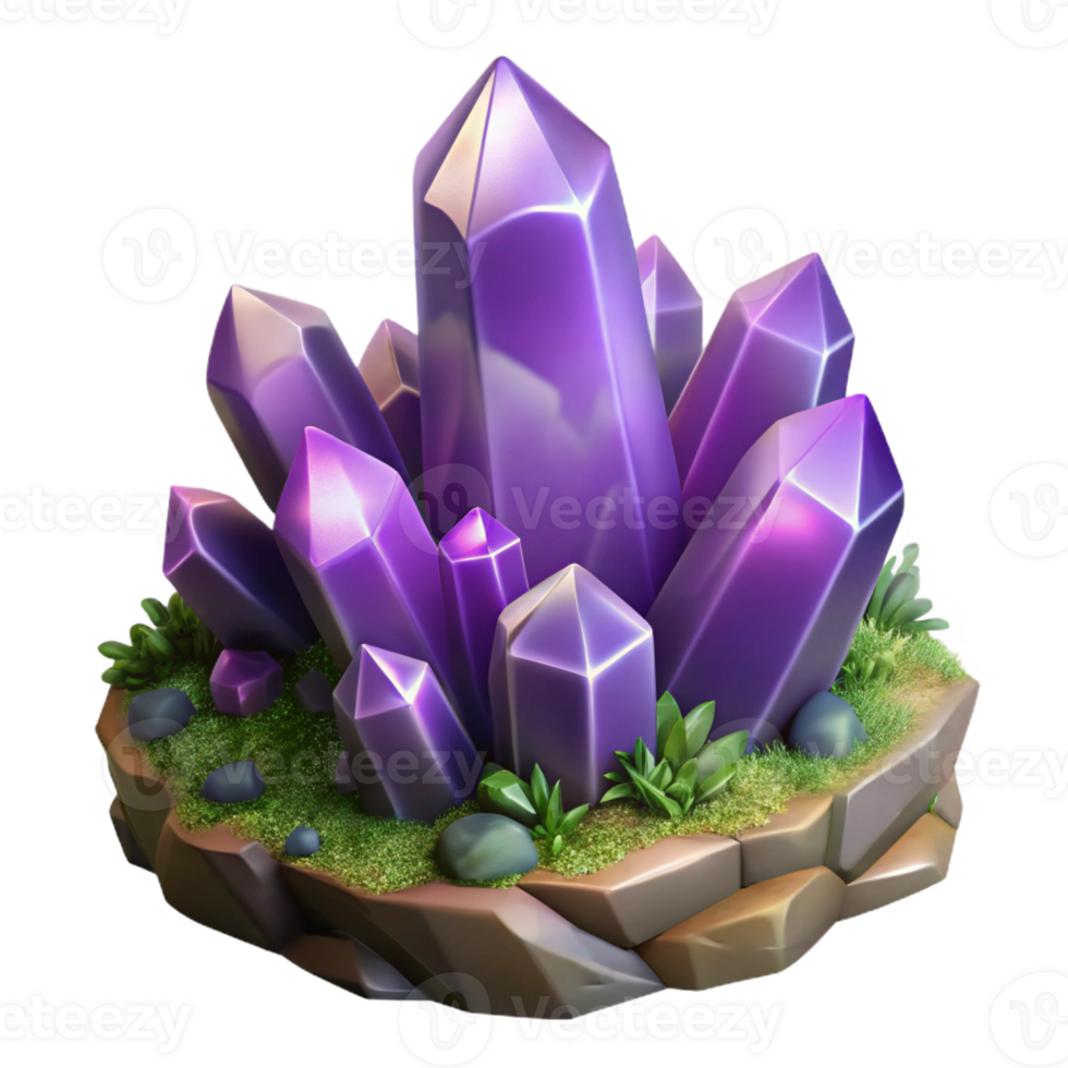 dramatic modern A cluster of amethyst crystals sprouting from a mossy rock, soft, ethereal lighting, fantasy art style high quality png