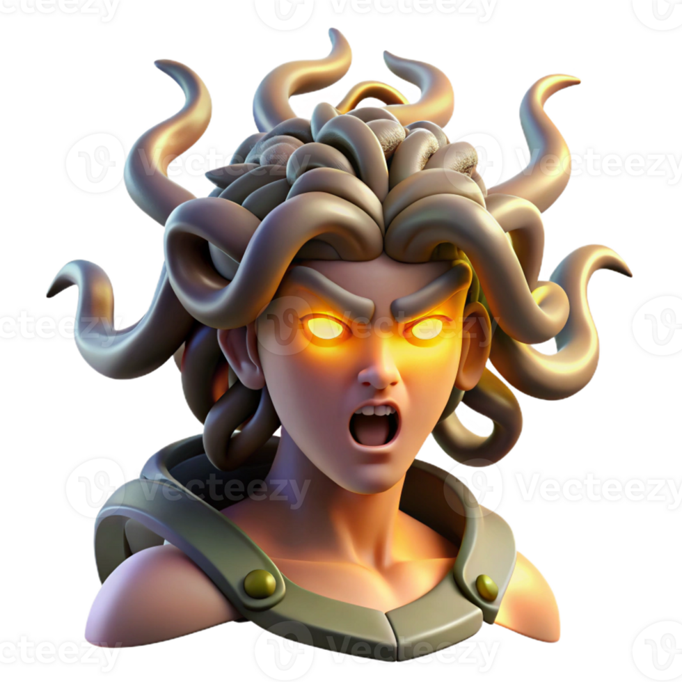beautiful modern A powerful gorgon with snakes for hair, turning a warrior to stone, a flash of blinding light illuminating the scene. Neoclassical style premium png
