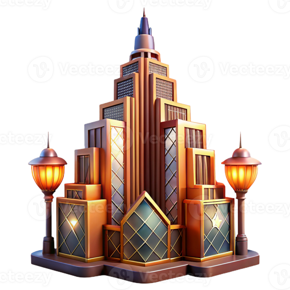 dramatic modern A vibrant Art Deco skyscraper adorned with geometric patterns, illuminated by the warm glow of streetlights, vintage poster style authentic png
