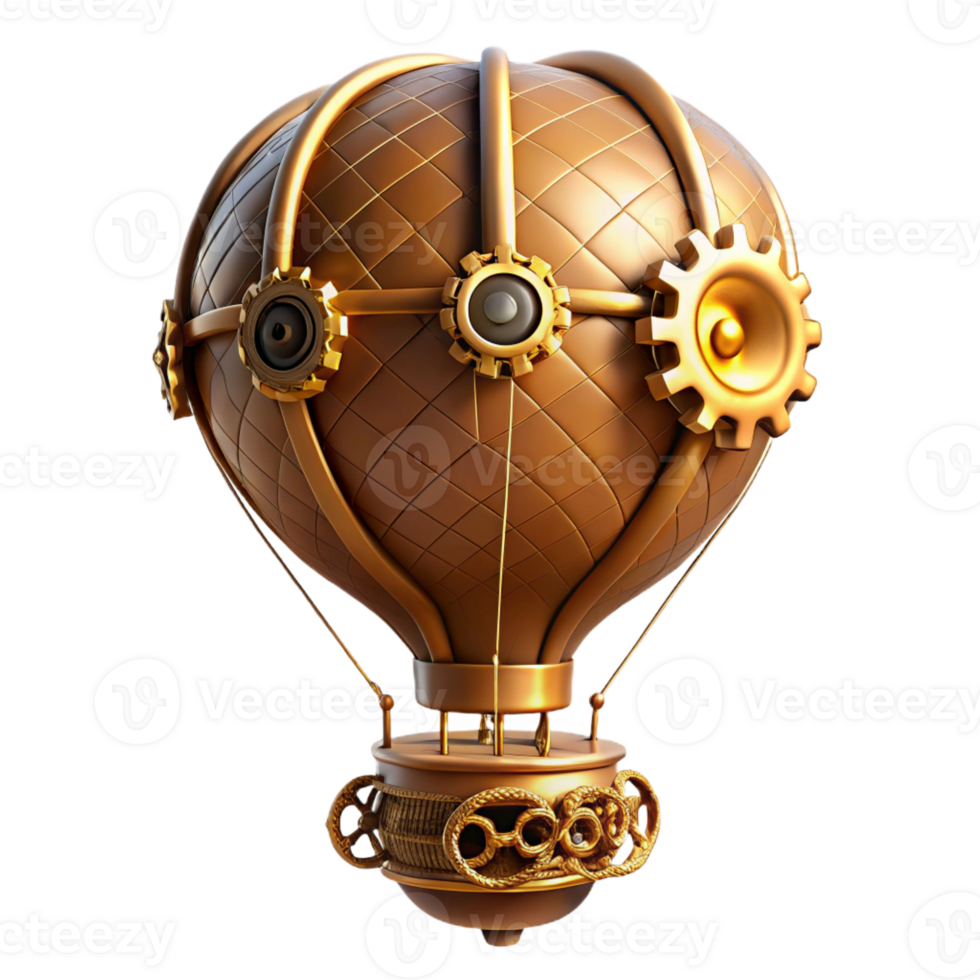 vibrant rustic A steampunk hot air balloon, leather and brass, propelled by clockwork gears, bright sunlight, painterly style professional png
