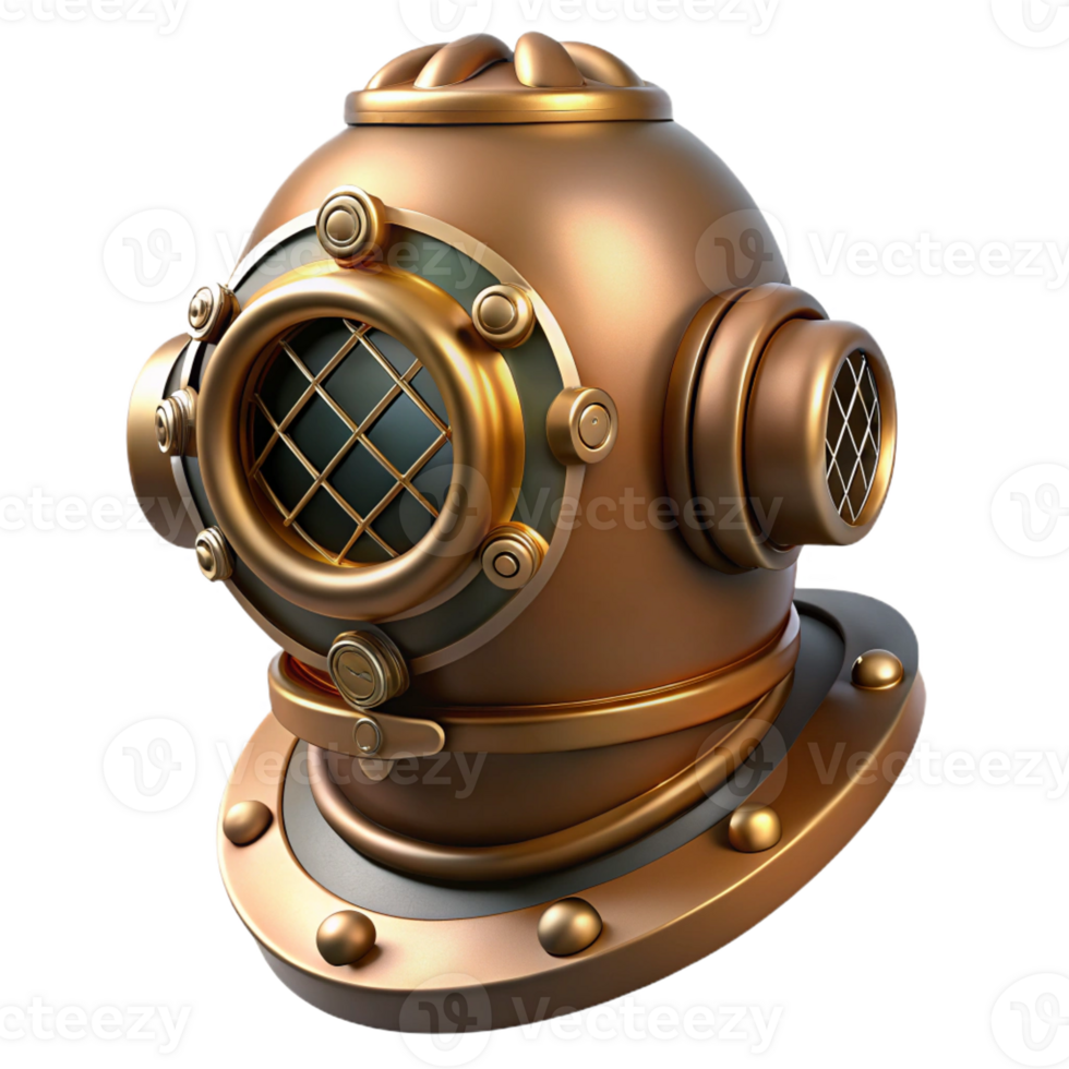 serene classic A steampunk diving helmet with brass and glass construction, intricate valves and gauges, and a soft interior light, floating in darkness high quality png