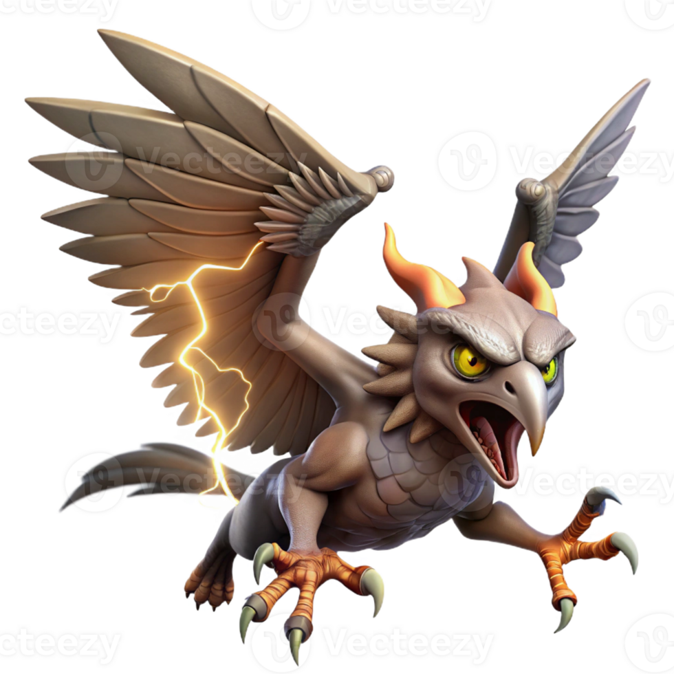 extraordinary creative A fierce harpy with sharp talons and leathery wings, swooping down from a stormy sky, lit by flashes of lightning. Baroque style professional png