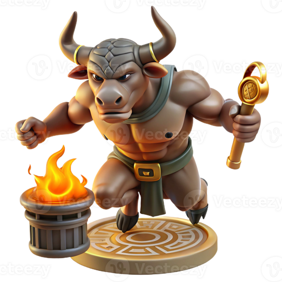 beautiful modern A powerful minotaur with bronze horns and rippling muscles, charging through a labyrinth, lit by flickering torches. Greek vase painting style exclusive png