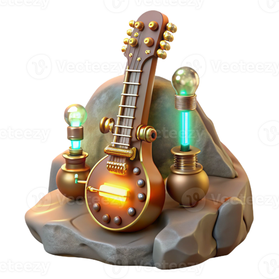 elegant rustic A steampunk guitar, brass and wood, glowing vacuum tubes, stage lighting, rock and roll style exclusive png