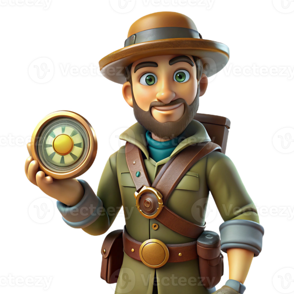 serene traditional Steampunk explorer, rugged clothing, intricate compass, bright sunlight high quality png