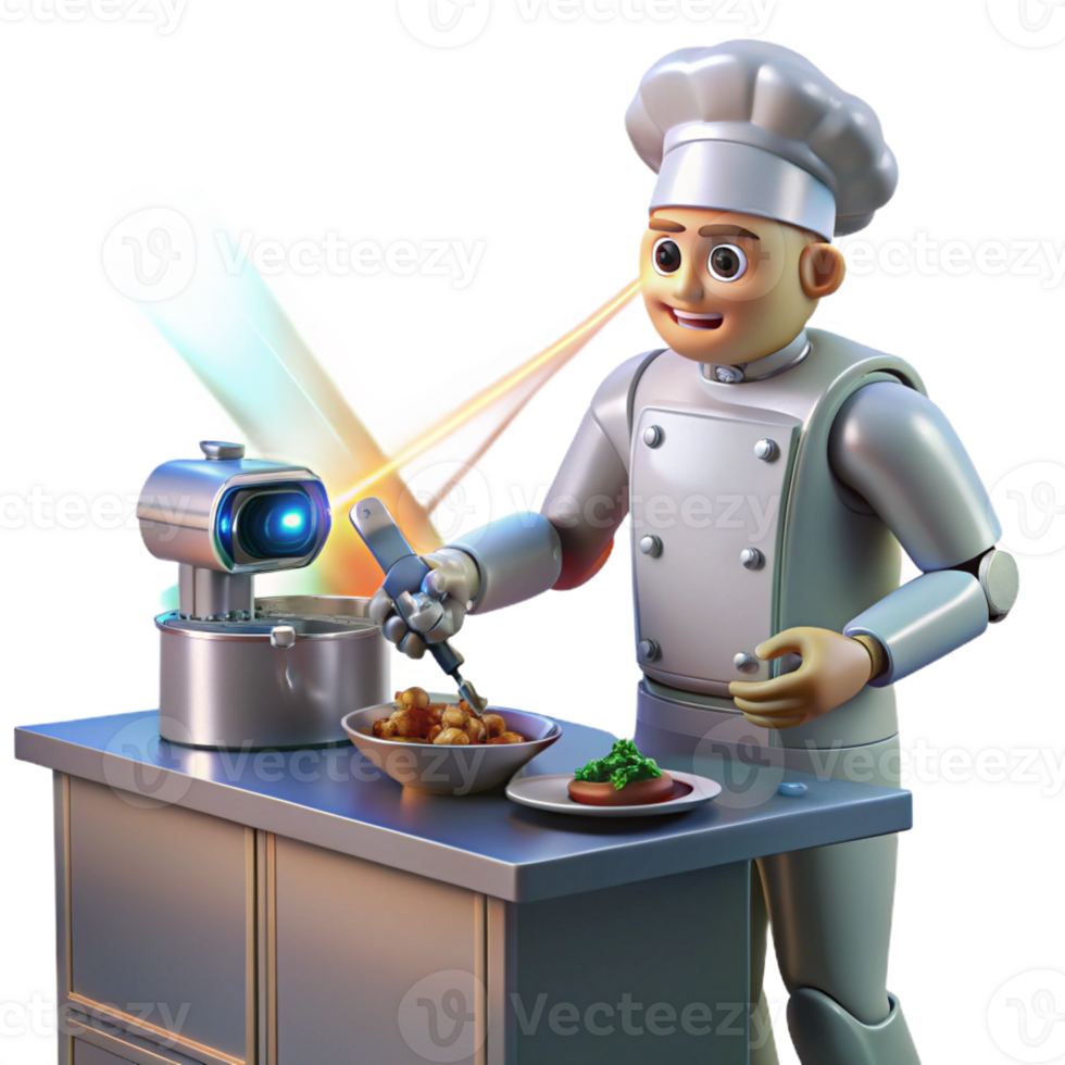 serene rustic A robotic chef preparing a meal in a gleaming, futuristic kitchen, using laser beams to cook the food. Photorealistic style professional png