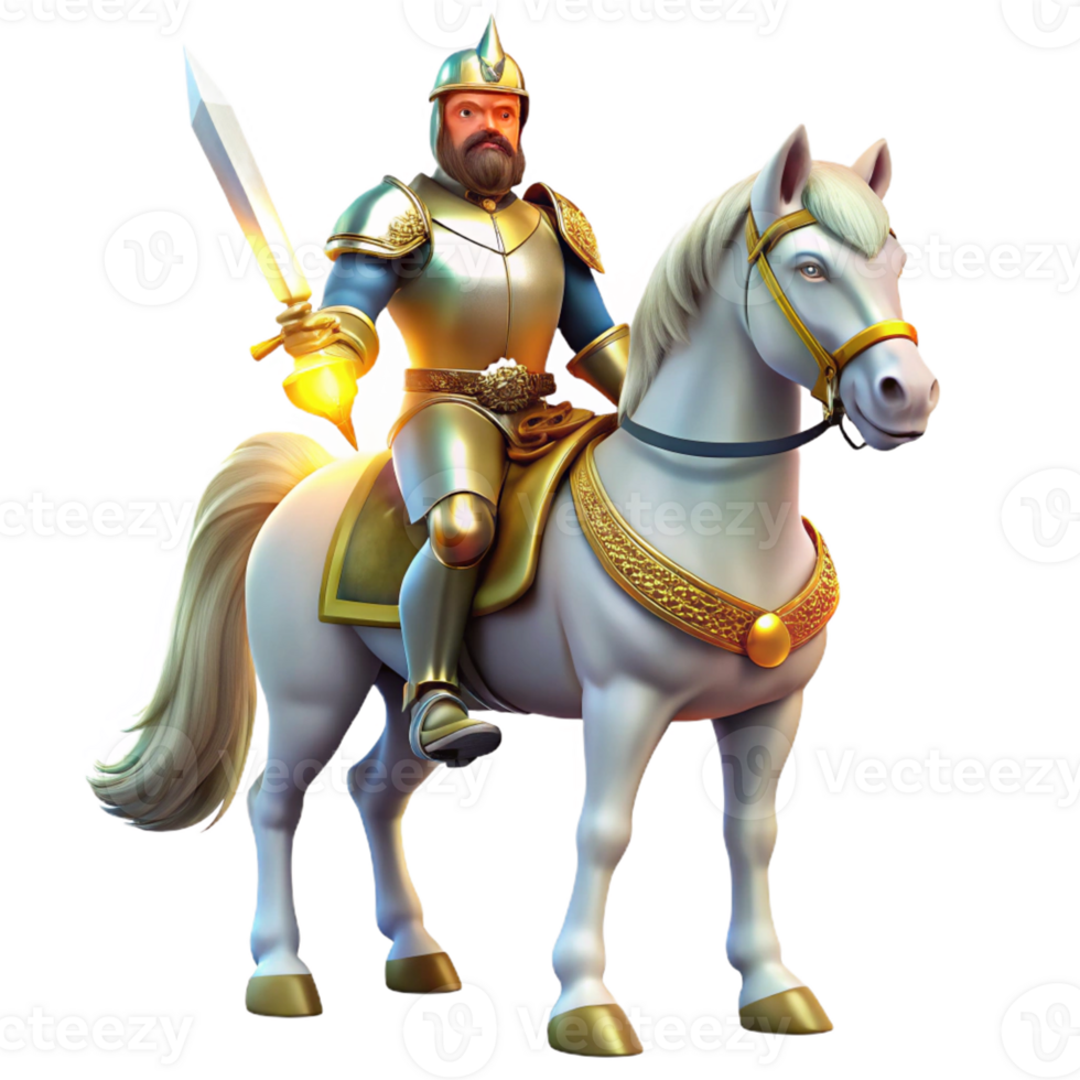wonderful rustic A noble knight in shining armor, riding a majestic white horse, wielding a gleaming sword, illuminated by the bright sunlight. Medieval romance style 4K png