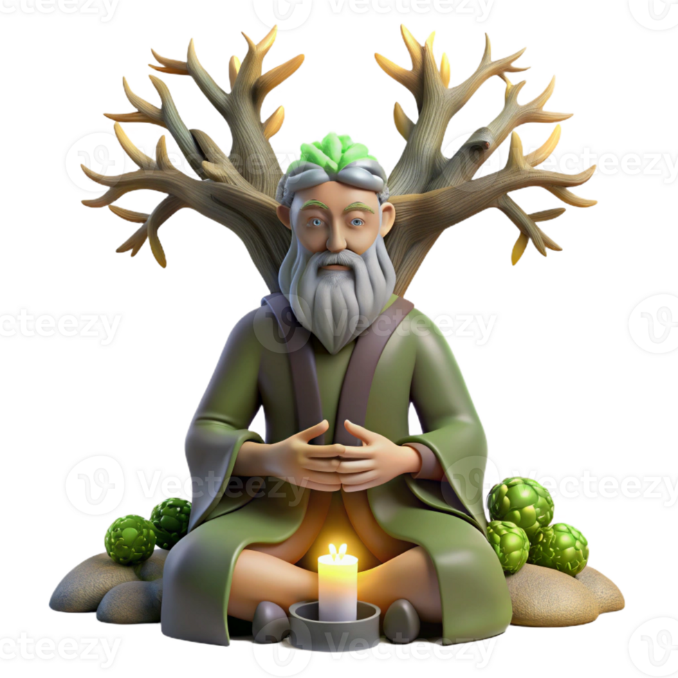 dramatic contemporary A wise old druid with antlers and glowing runes carved into his skin, meditating beneath a towering oak tree, lit by dappled sunlight, in a realistic style detailed png