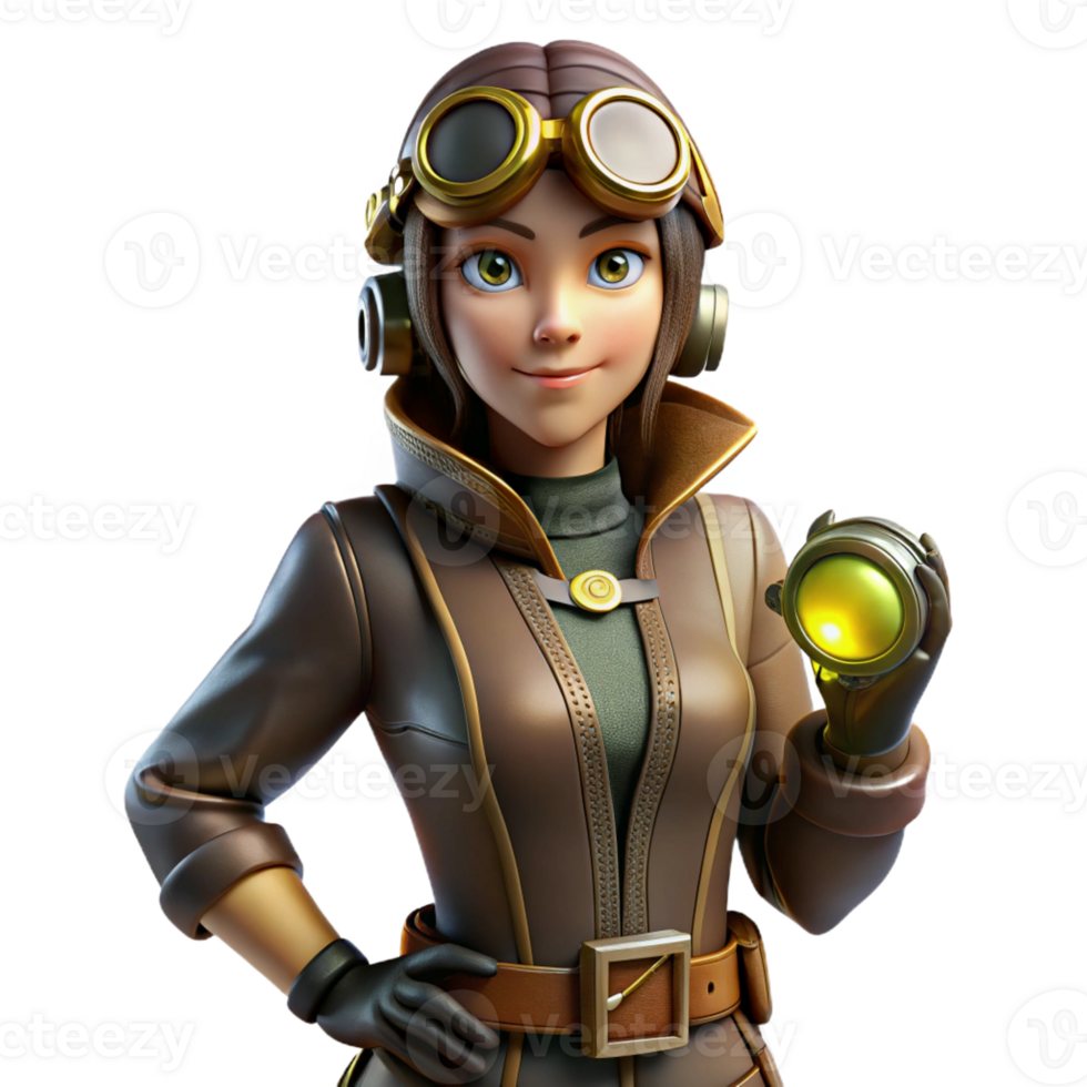 dramatic rustic A full-body portrait of a steampunk woman pilot in a leather flight suit and goggles, holding a complex control device, lit by the soft glow of dashboard lights detailed png