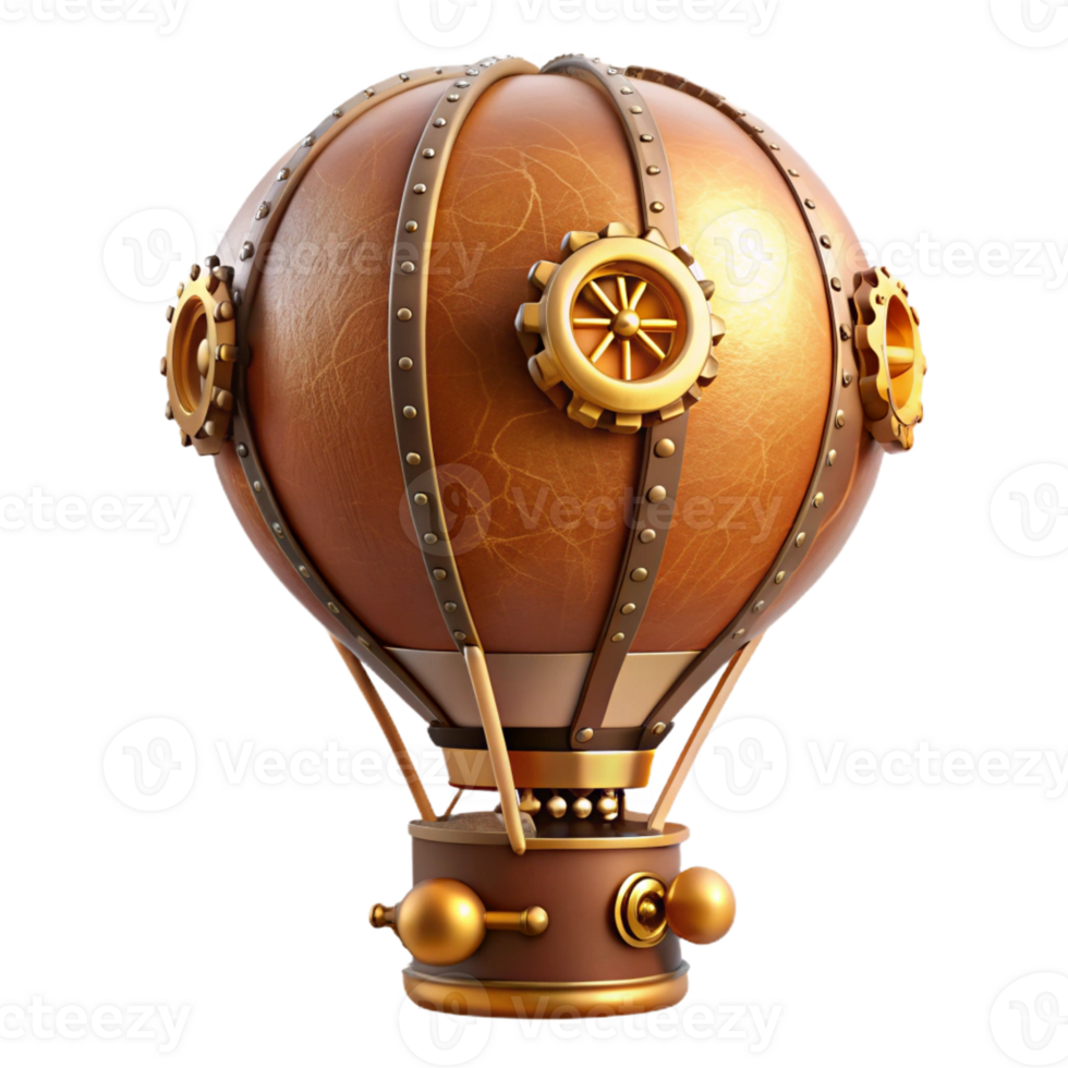 serene contemporary A steampunk hot air balloon, leather and brass, propelled by clockwork gears, bright sunlight, painterly style high quality png