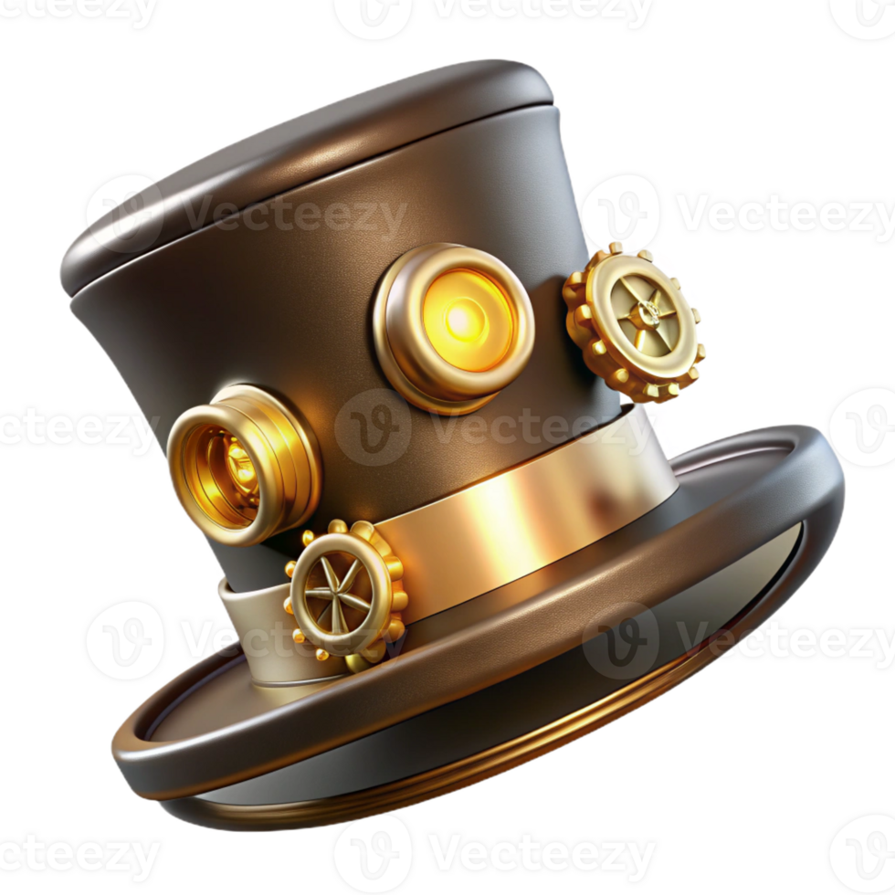 stunning abstract A steampunk top hat with brass gears, intricate clockwork, and glowing LED lights, floating against a dark background, lit by a single spotlight high resolution png