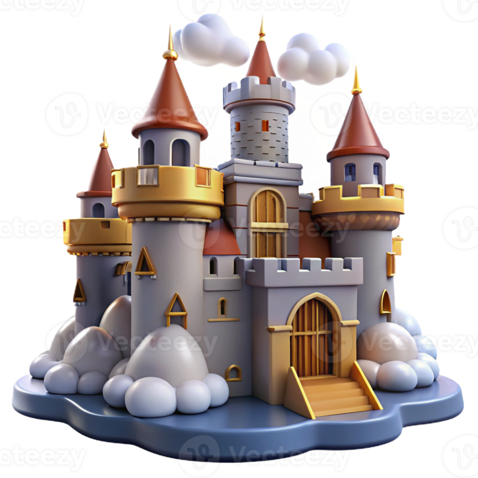dramatic contemporary Medieval castle, fortified walls, drawbridge, dramatic sky, fantasy style authentic png