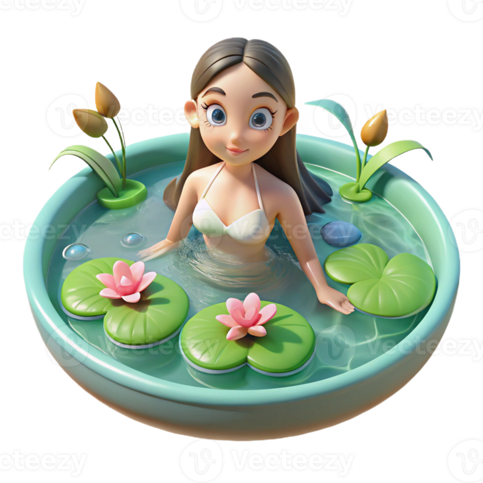 elegant modern A playful water nymph swimming in a crystal-clear pool, surrounded by lilies, in a serene, Impressionist style detailed png