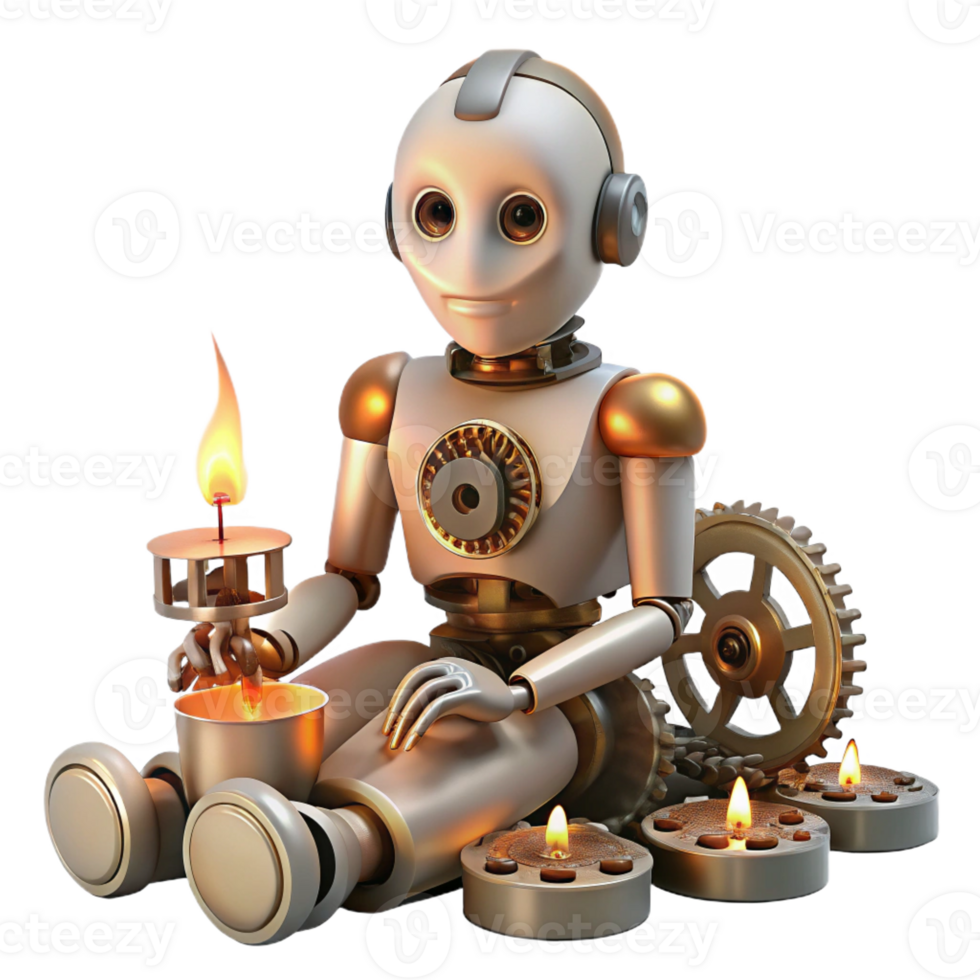 stunning minimalist A humanoid robot with intricate clockwork mechanisms exposed, sitting amidst a pile of discarded gears and wires, illuminated by a single, flickering candle. Steampunk style 4K png