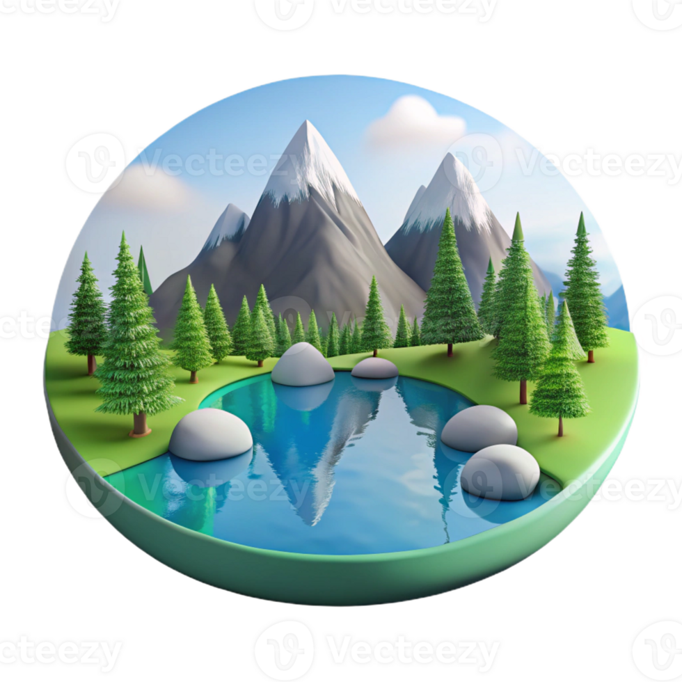 magnificent artistic A serene lake reflecting the surrounding mountains and trees, calm water, landscape photography style premium png