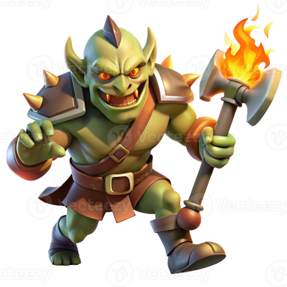 serene abstract A fierce orc warrior wielding a flaming battleaxe, charging into battle, illuminated by flickering torchlight, in a dynamic style professional png