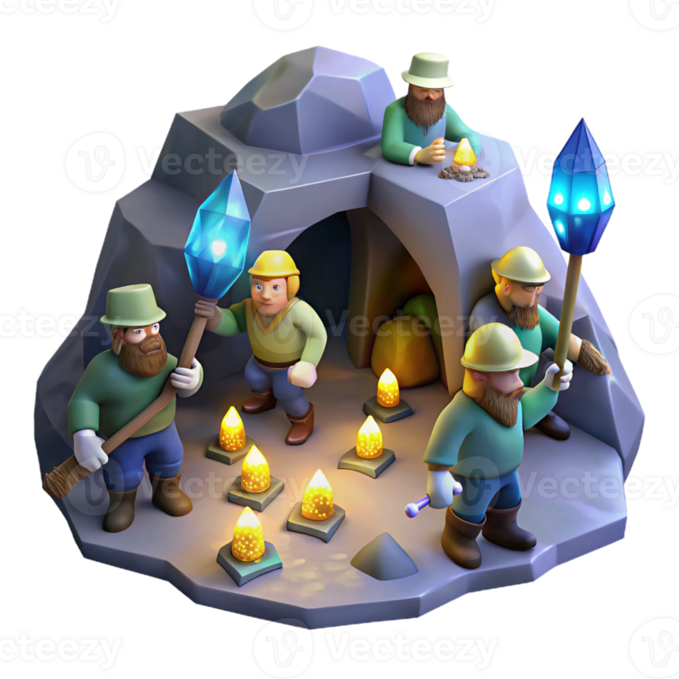 serene minimalist A group of dwarves mining for gems in a dark cave, illuminated by glowing crystals and lanterns, in a realistic style premium png