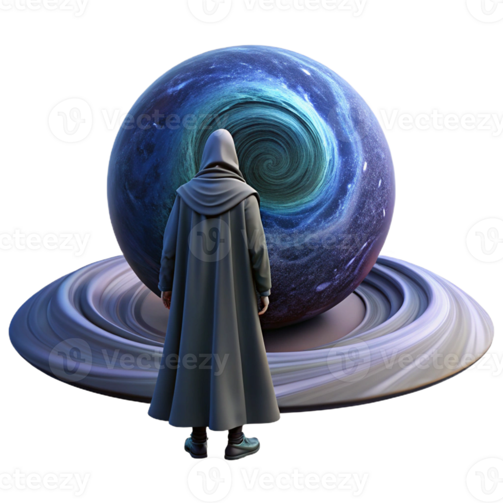 stunning creative A solitary figure in a hooded cloak standing on a desolate, futuristic planet, gazing at a giant, swirling vortex in the sky. Fantasy art style authentic png