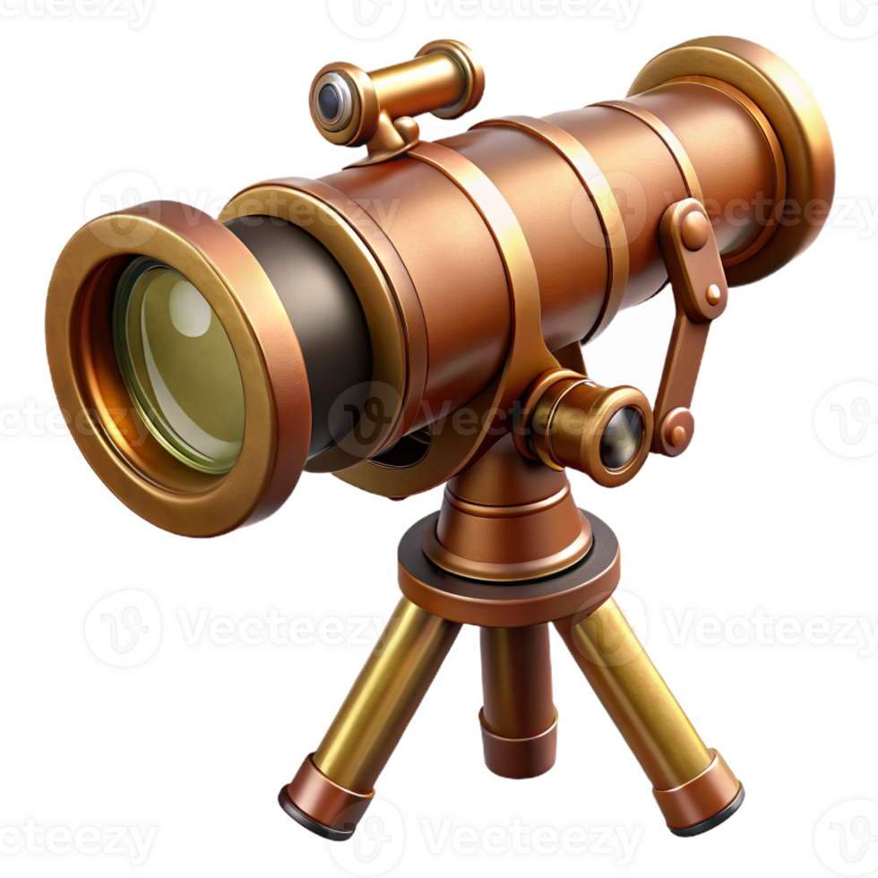 vibrant vintage A steampunk telescope, brass and copper, mounted on a tripod, detailed lens, soft, ambient lighting, vintage scientific illustration style genuine png
