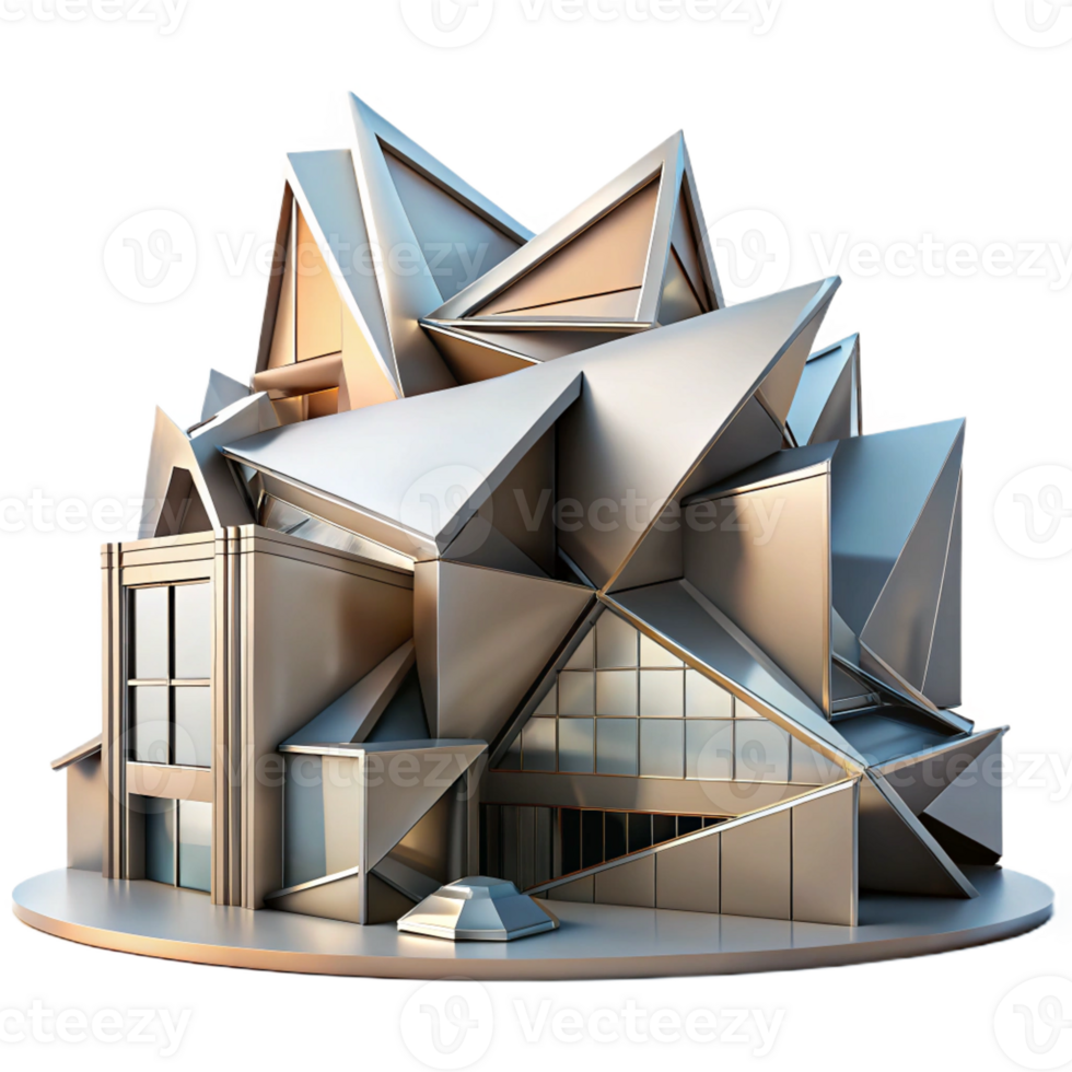 stunning rustic Deconstructivist museum, fragmented forms, sharp angles, metallic cladding, modern architecture detailed png