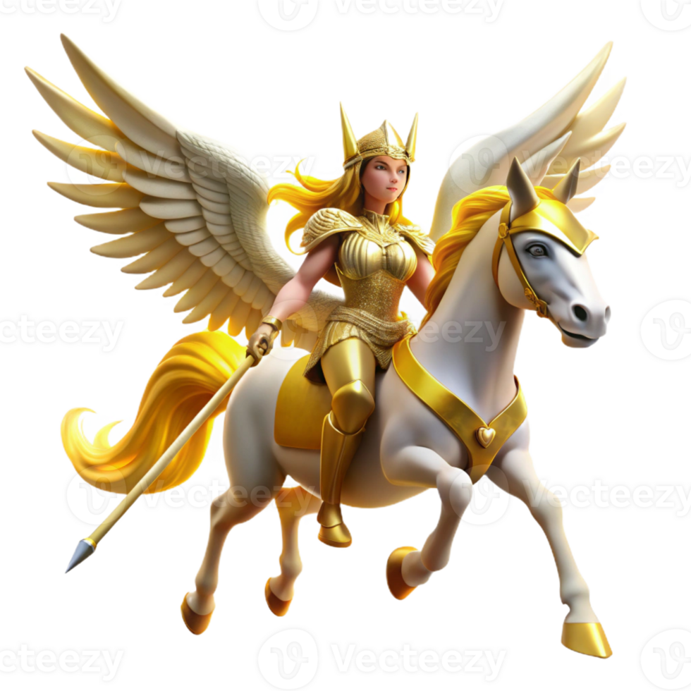 beautiful abstract A beautiful valkyrie with winged helmet and spear, riding a winged horse, bathed in the golden light of Valhalla. Norse mythology style genuine png
