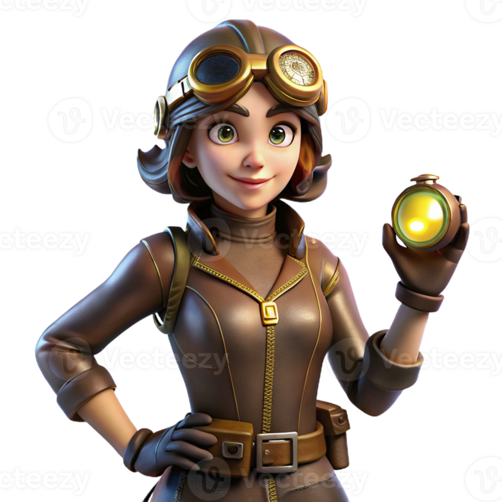 vibrant creative A full-body portrait of a steampunk woman pilot in a leather flight suit and goggles, holding a complex control device, lit by the soft glow of dashboard lights genuine png