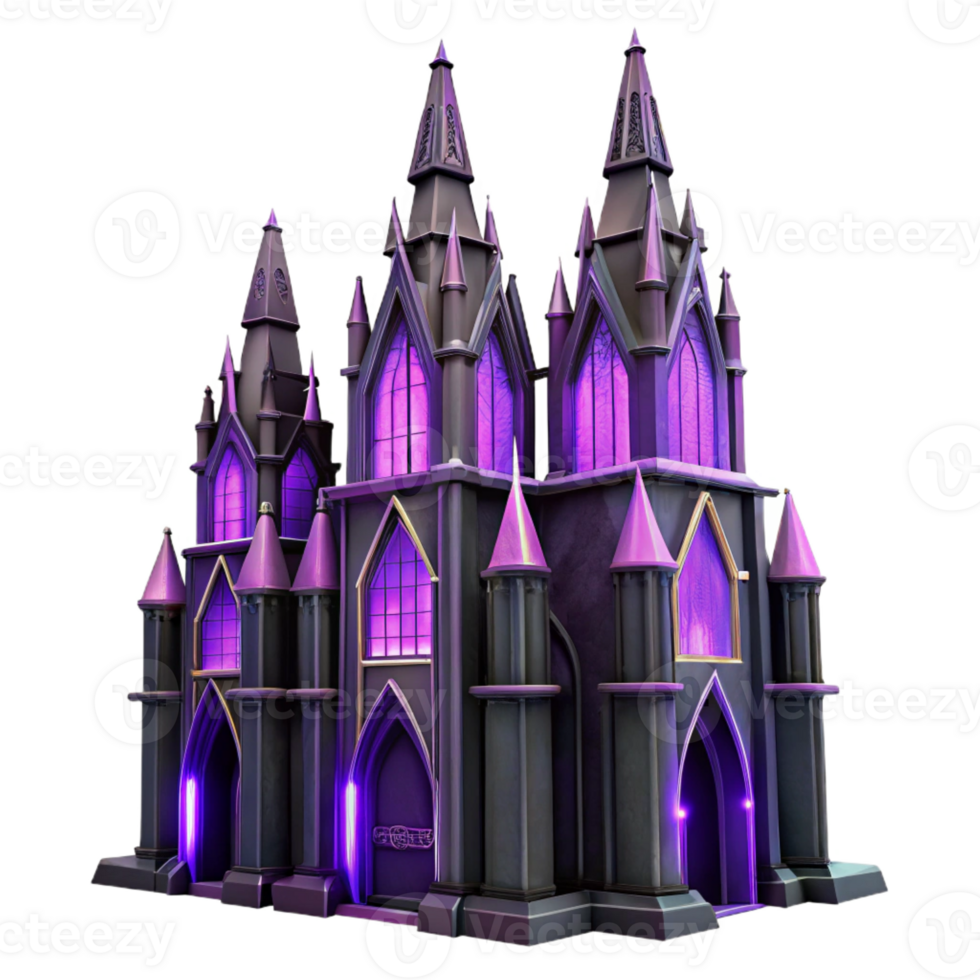 elegant traditional A towering gothic cathedral made of obsidian glass, illuminated by internal neon purple lights, Art Deco style original png