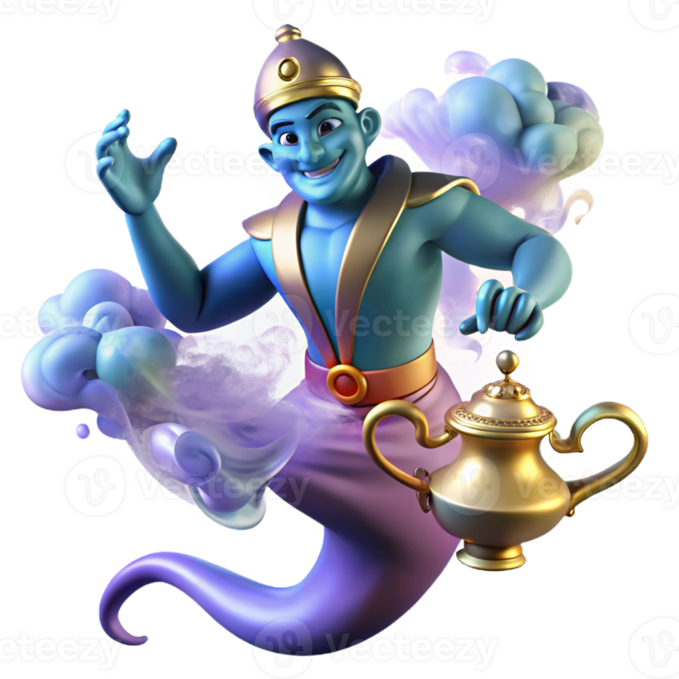 stunning modern A powerful djinn emerging from a magic lamp, surrounded by swirling smoke and sparks. Orientalist style genuine png