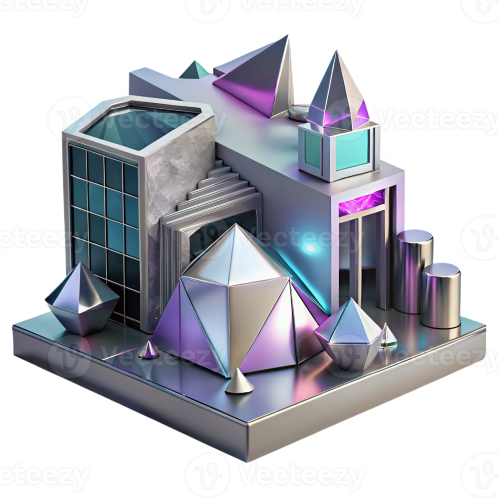 stunning abstract Deconstructivist museum, fragmented geometric shapes, metallic cladding, dynamic composition, neon lighting, highly detailed, Deconstructivist style high resolution png