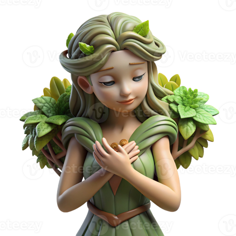 magnificent rustic A graceful dryad with bark-like skin and flowing vines for hair, embracing a giant oak tree, bathed in dappled sunlight. Pre-Raphaelite style high quality png