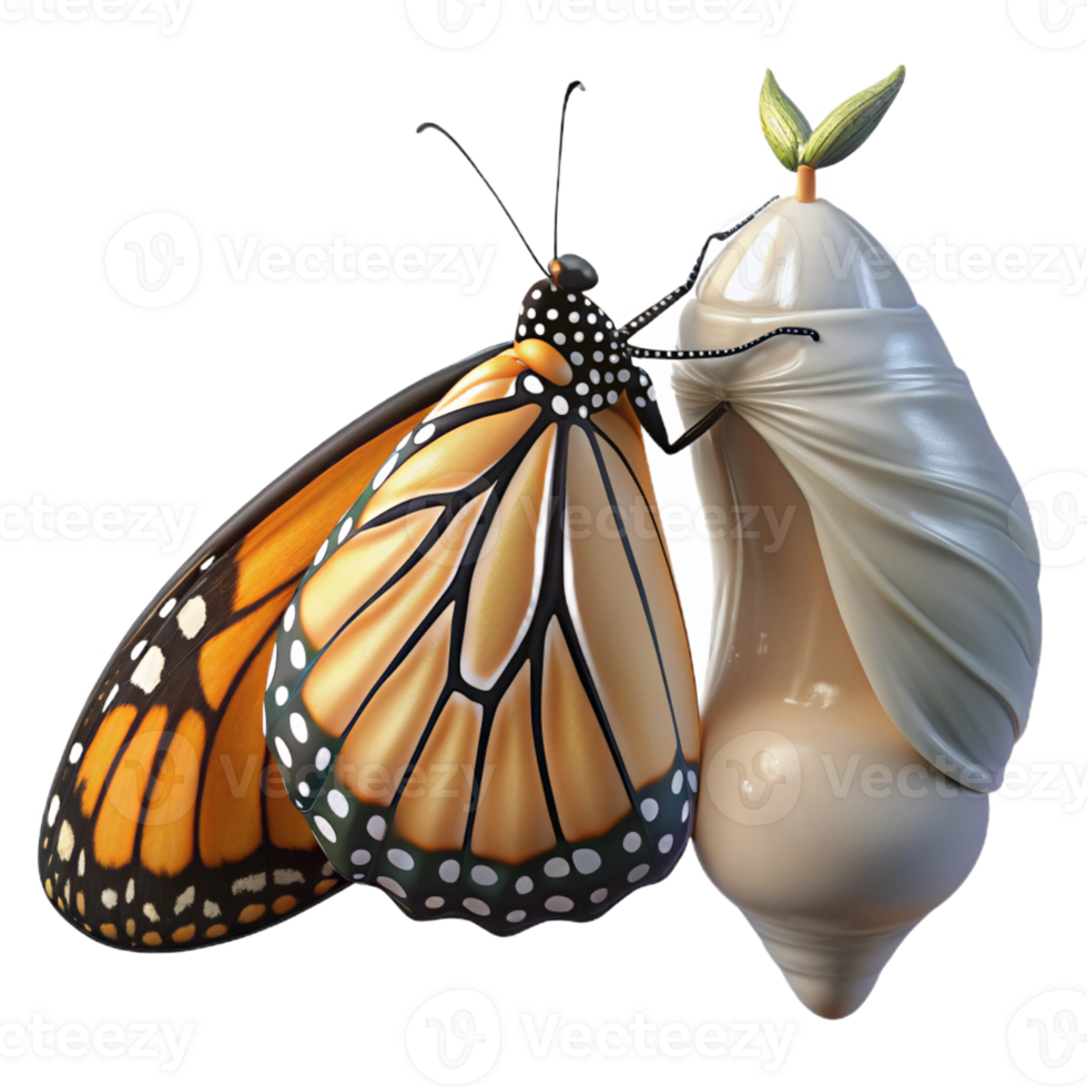dramatic vintage A monarch butterfly emerging from its chrysalis, wings still wet and crumpled, macro photography, soft lighting detailed png