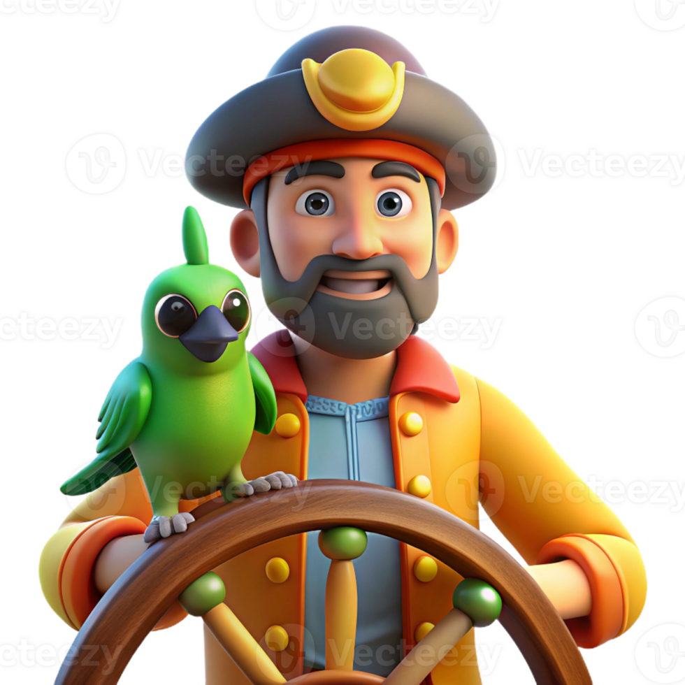 elegant modern A cartoon pirate with a parrot on their shoulder, standing at the helm of a ship, the warm glow of a sunset illuminating the ocean, drawn in a classic cartoon style high resolution png