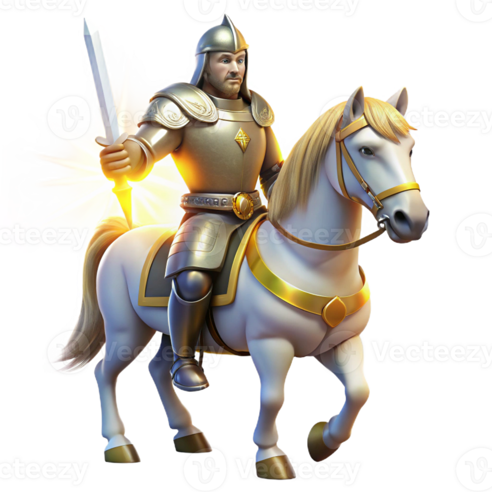 wonderful classic A noble knight in shining armor, riding a majestic white horse, wielding a gleaming sword, illuminated by the bright sunlight. Medieval romance style professional png