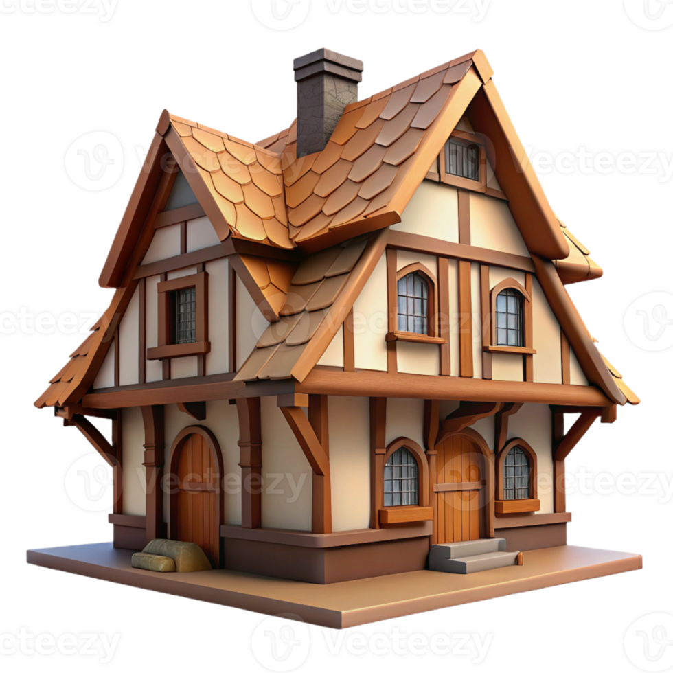 elegant minimalist Tudor-style cottage, half-timbered construction, thatched roof, charming garden setting, historical architectural style high resolution png