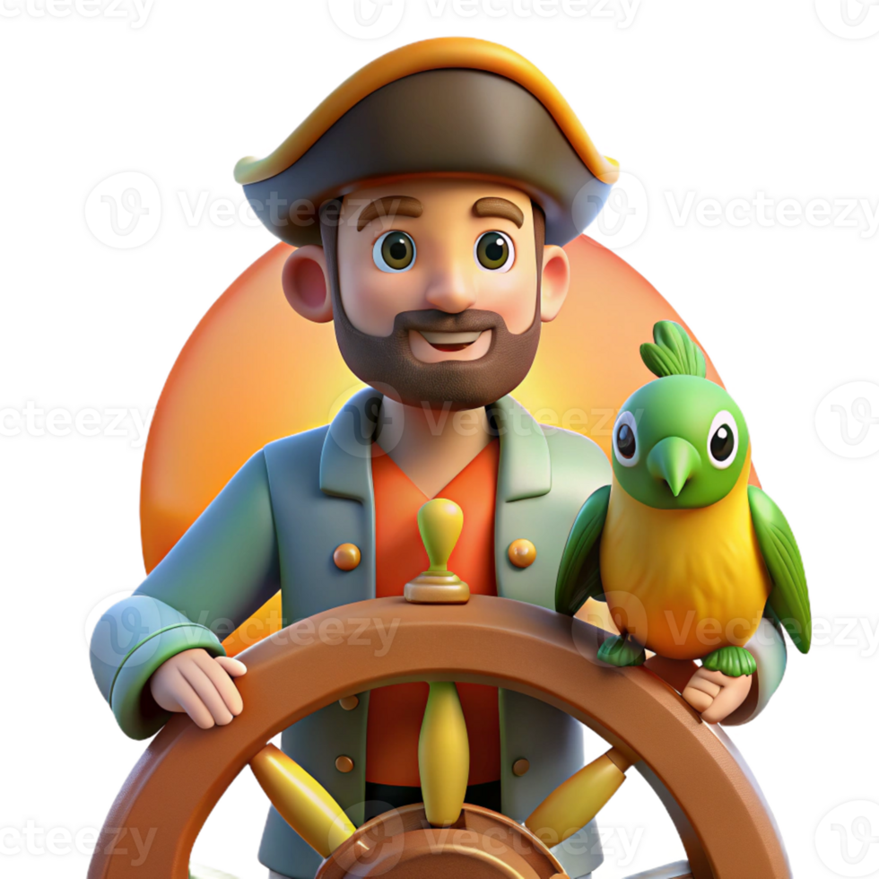 stunning rustic A cartoon pirate with a parrot on their shoulder, standing at the helm of a ship, the warm glow of a sunset illuminating the ocean, drawn in a classic cartoon style 4K png