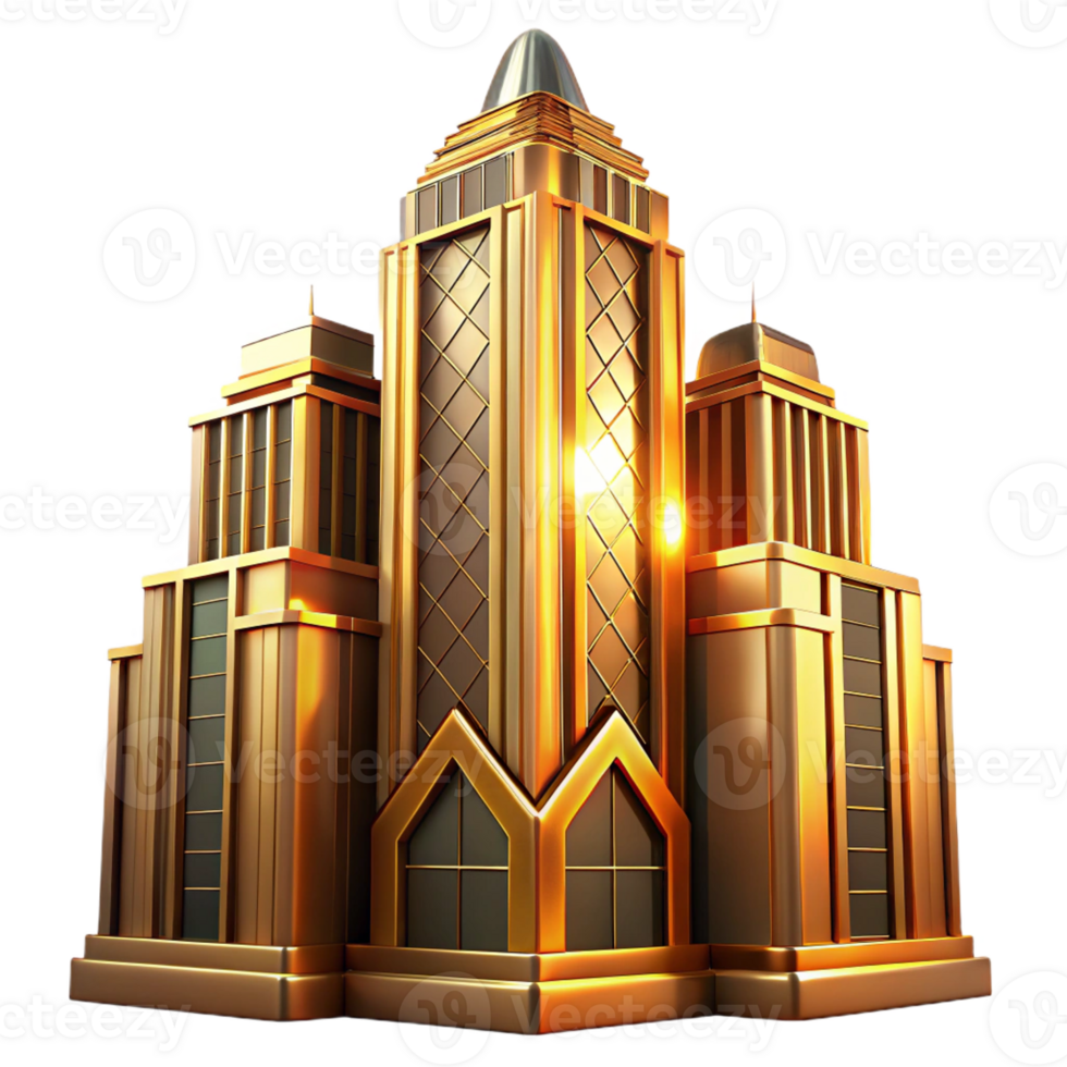 stunning vintage An art deco skyscraper with gold accents and geometric patterns, bathed in the warm glow of a golden hour sunset. Art Deco style, realistic rendering, cinematic lighting authentic png