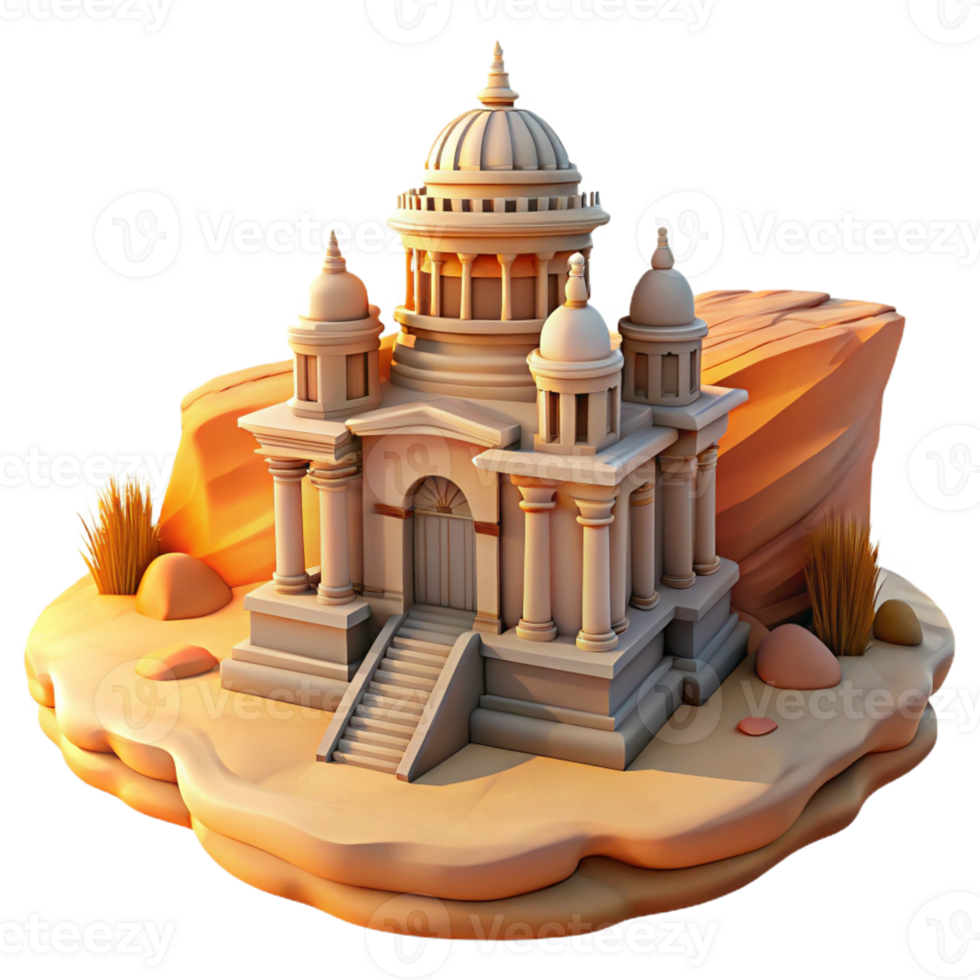 elegant abstract A desert oasis centered around a majestic, intricately carved sandstone temple, bathed in the golden light of sunset, digital painting style professional png